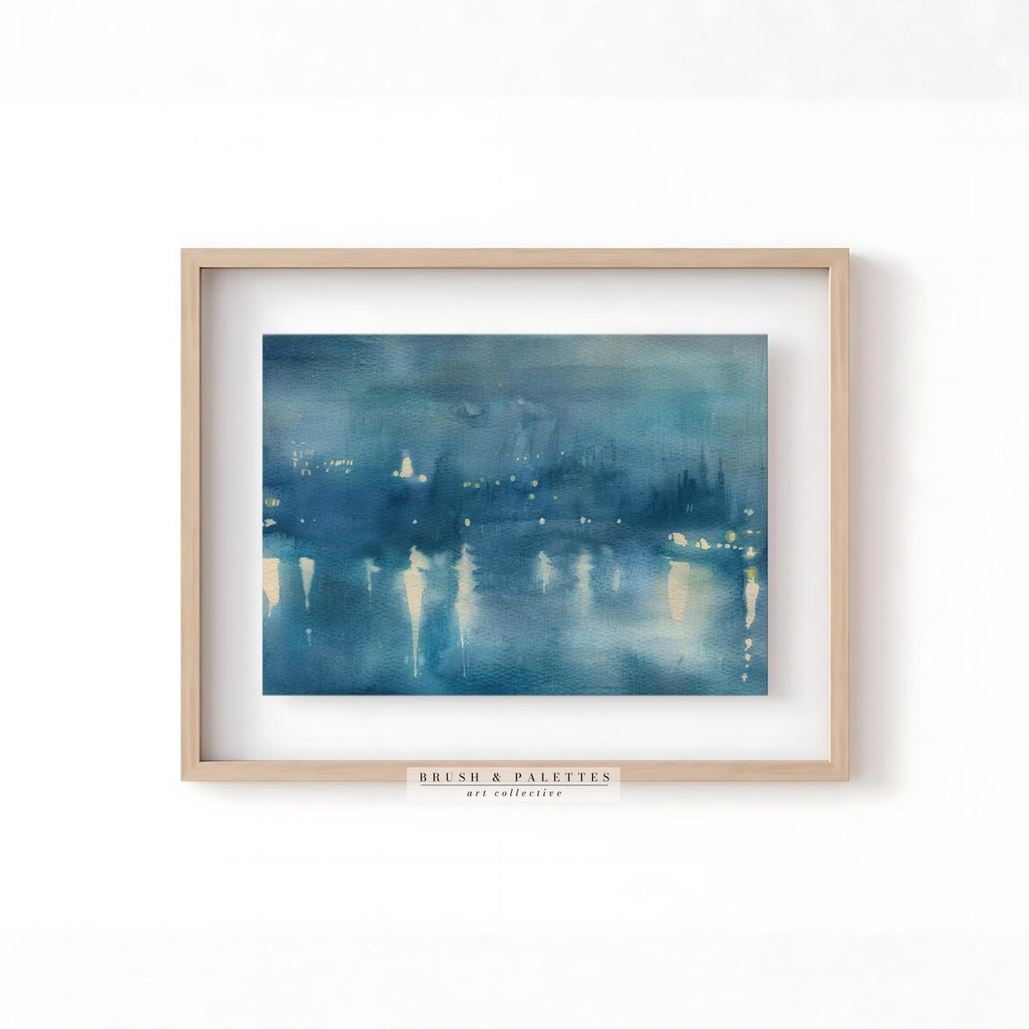Abstract Blue Night Cityscape With Glowing Lights Watercolor Skyline Poster - Image 3