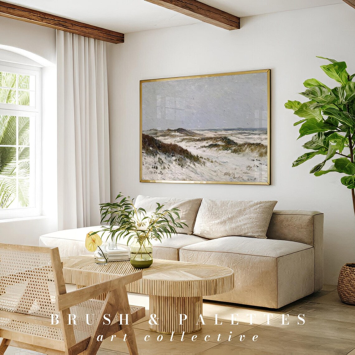 Snow Covered Coastal Dunes In Winter Soft Neutral Landscape Painting Poster - Image 3