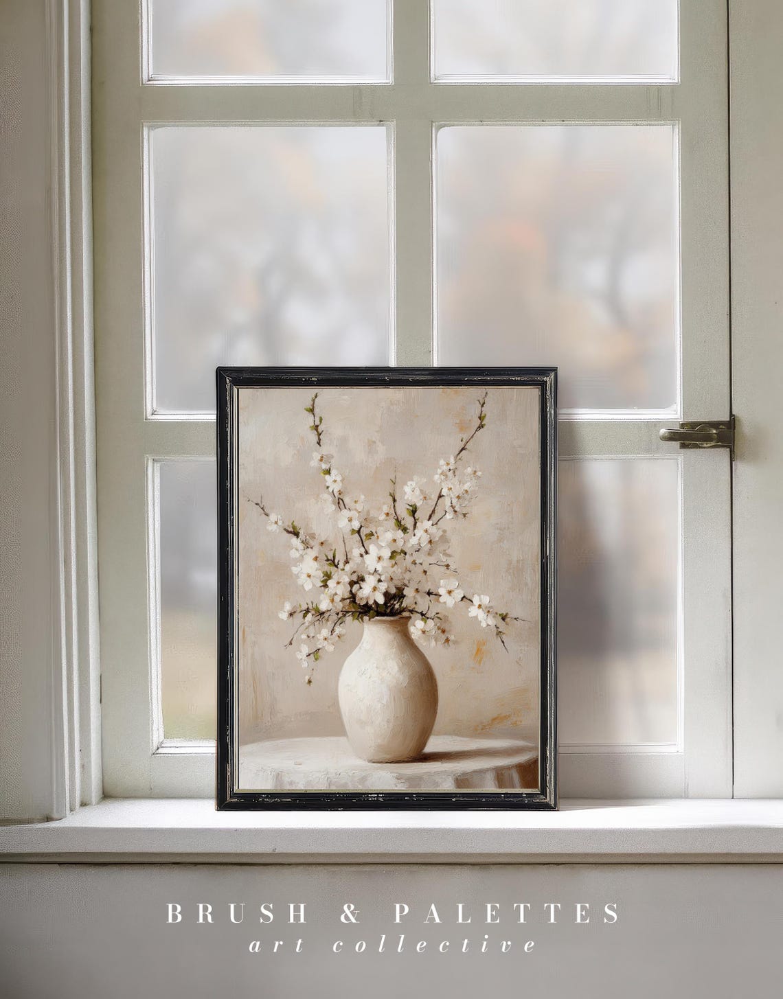 White Cherry Blossom in Vase Still Life Neutral Floral Wall Art - Image 2