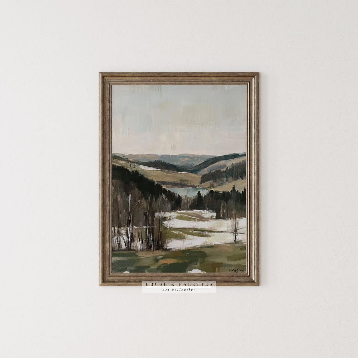 Snowy Winter Valley Dark Pine Forest Pale Sky Landscape Print - Image 3