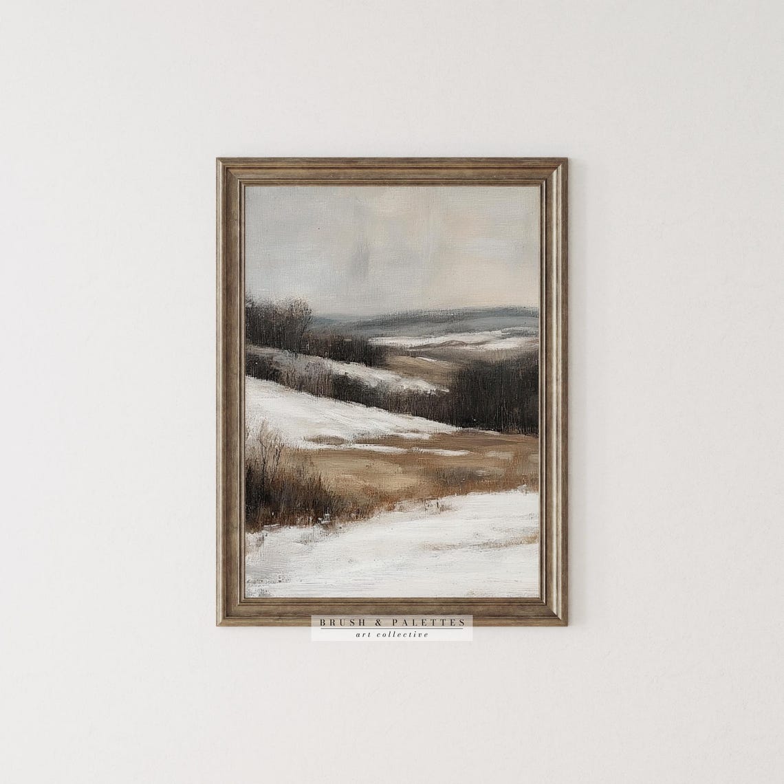 Snowy Winter Countryside Landscape Oil Painting Rustic Field Wall Art - Image 2