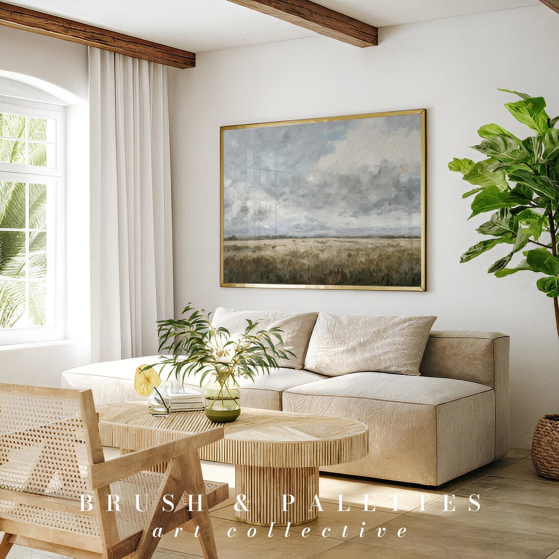 Open Field Under Cloudy Grey Sky Minimalist Oil Painting Poster - Image 3
