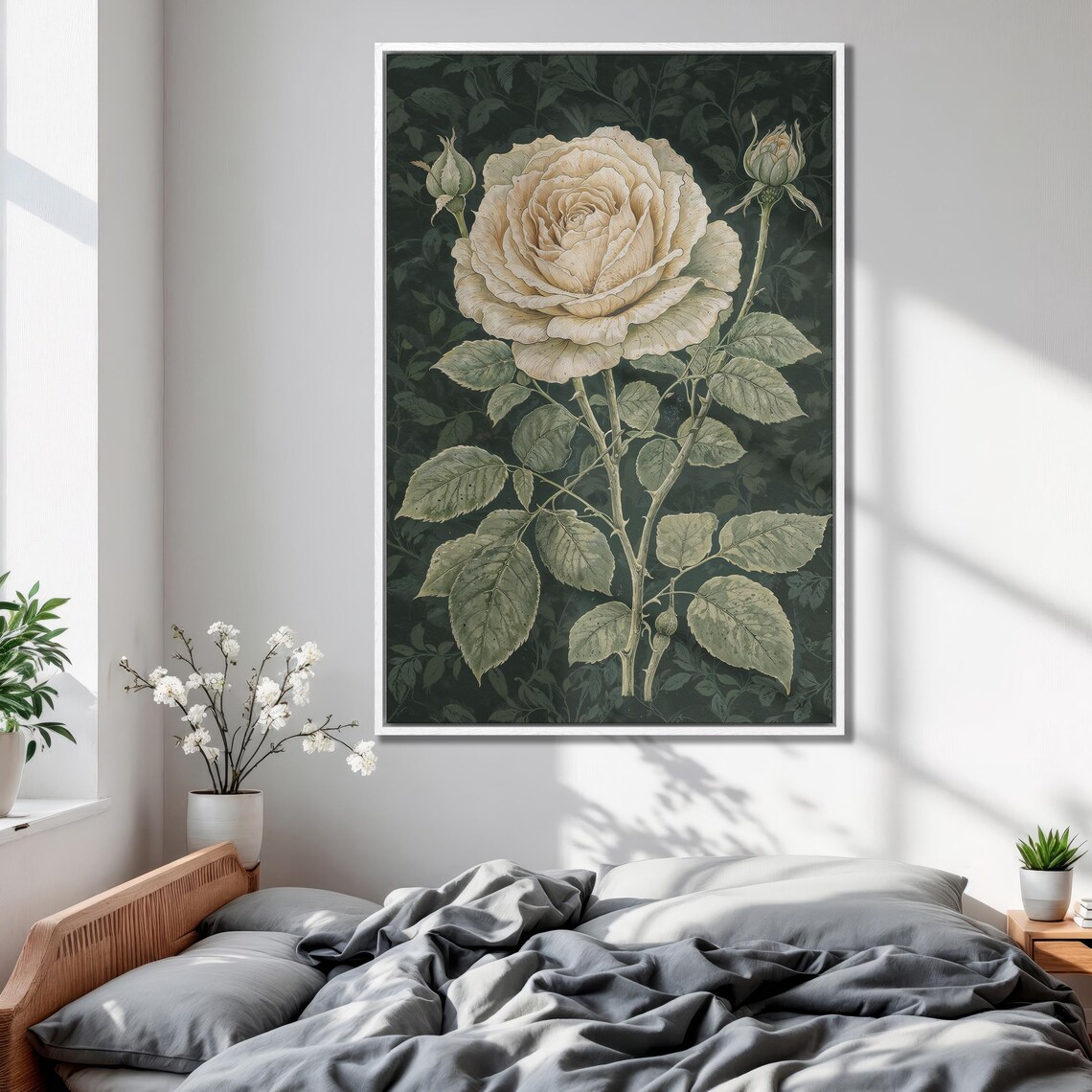 Vintage White Rose Botanical Wall Art Poster Print - Image 2
