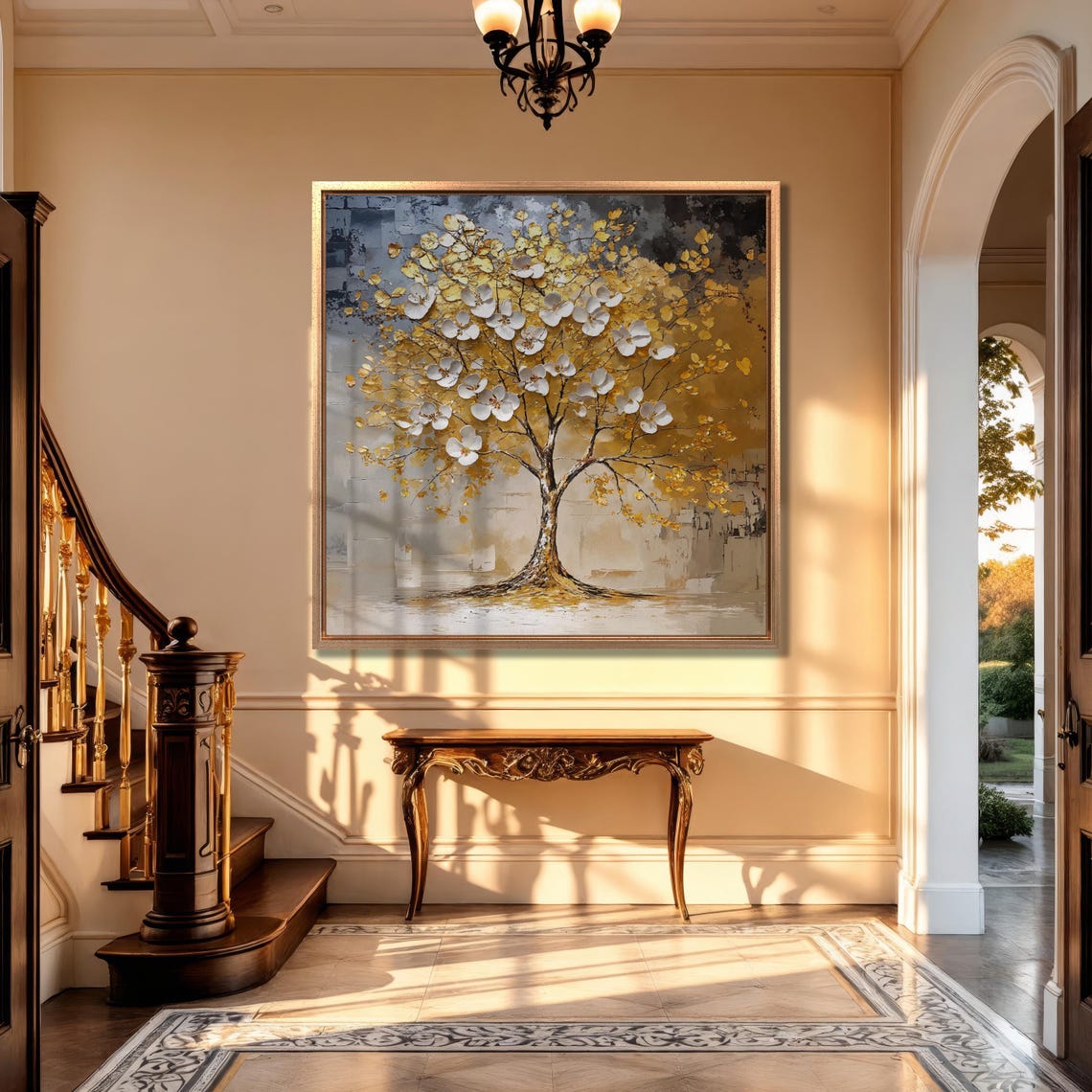White Blossoms and Gold Leaves Flowering Tree Floral Wall Art - Image 4