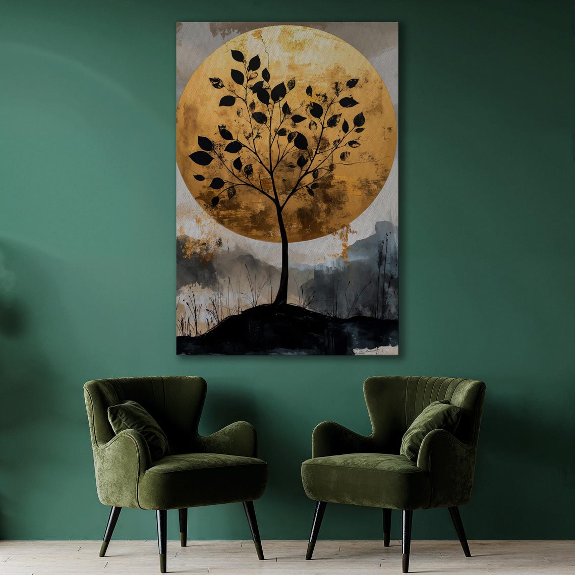 Tree Silhouette Against Golden Moon Abstract Watercolor Night Poster - Image 2