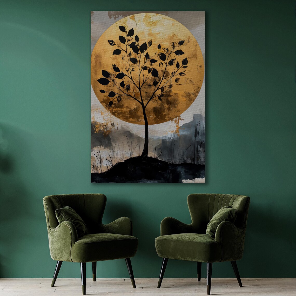 Tree Silhouette Against Golden Moon Wall Art Abstract Nature Painting Print Luxury Wall Decor Modern Landscape Poster Ready To Hang - Image 2