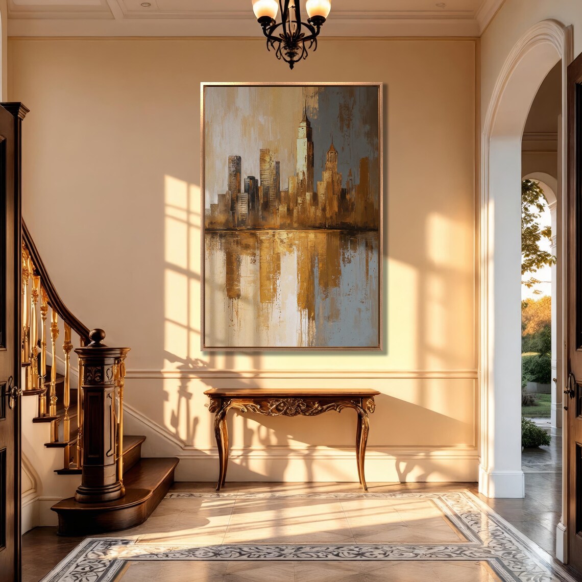Abstract Golden Cityscape Wall Art City Skyline Reflection Painting Print Luxury Wall Decor Skyscrapers Poster Ready To Hang Gift - Image 5