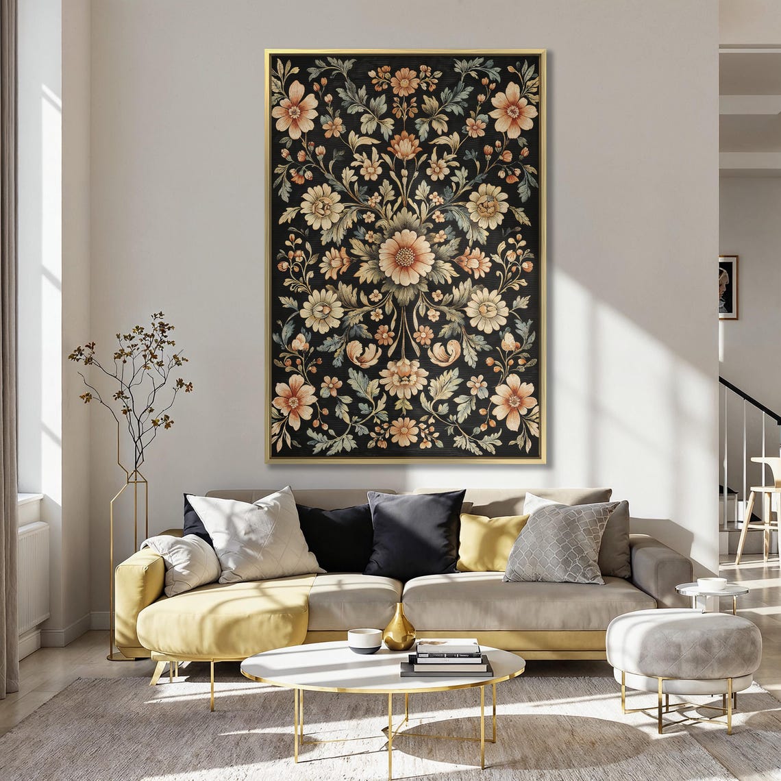 Elegant Vintage Floral Damask Pattern in Cream on Black Print - Image 5