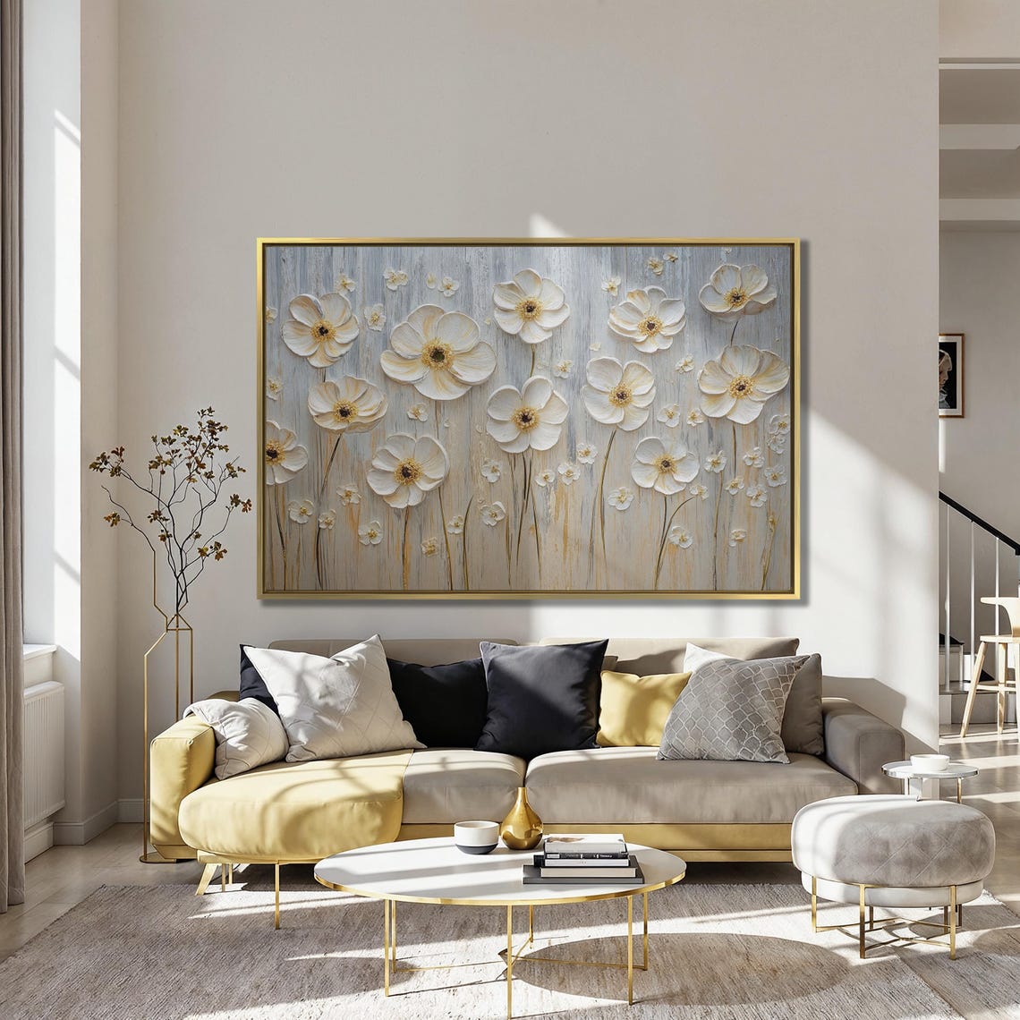 White Blossoms With Gold Centers Textured Floral Painting Poster - Image 4