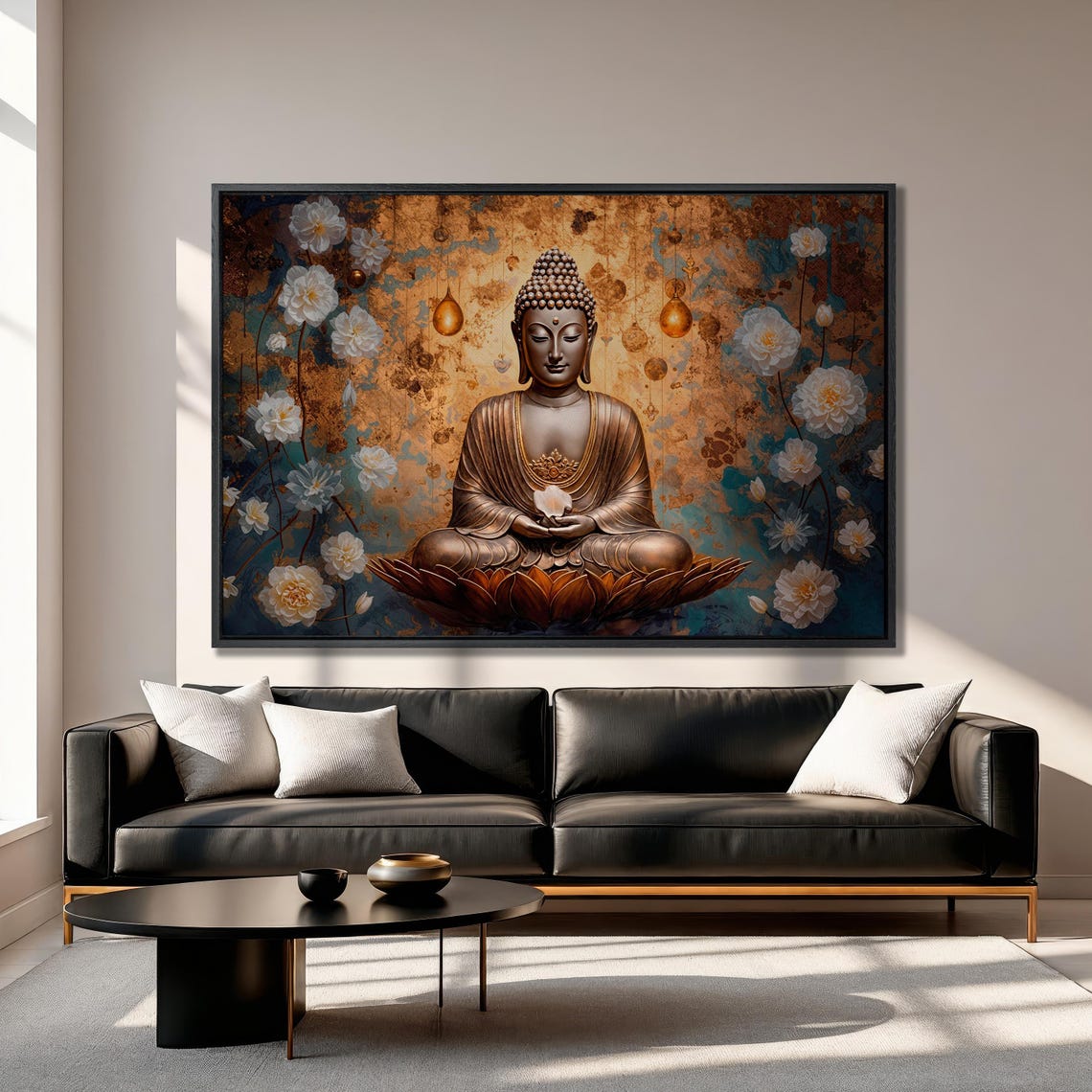 Bronze Buddha Meditating on Lotus Among White Flowers Poster - Image 2