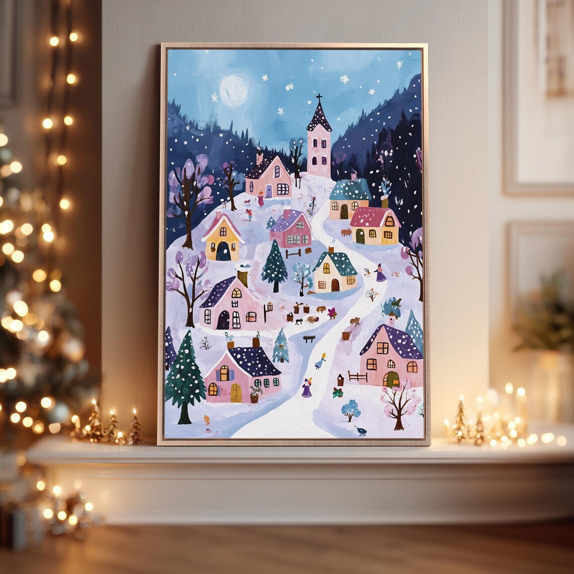 Snowy Winter Village Poster With Cozy Cottages Church And Moonlight