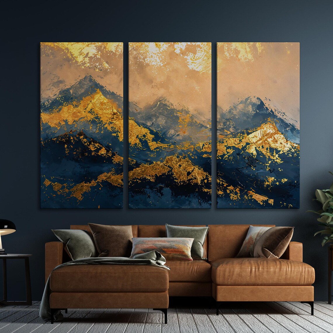 Abstract Mountain Landscape Art Print, Blue and Gold - Image 5
