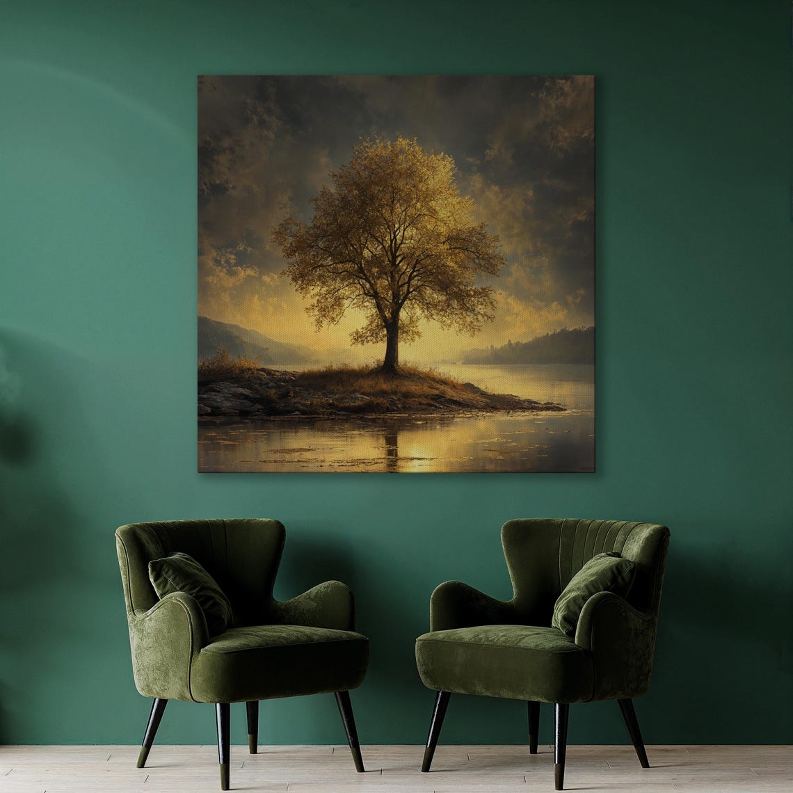 Sunlit Golden Tree by a Lake Under a Dramatic Sunset Wall Art - Image 3