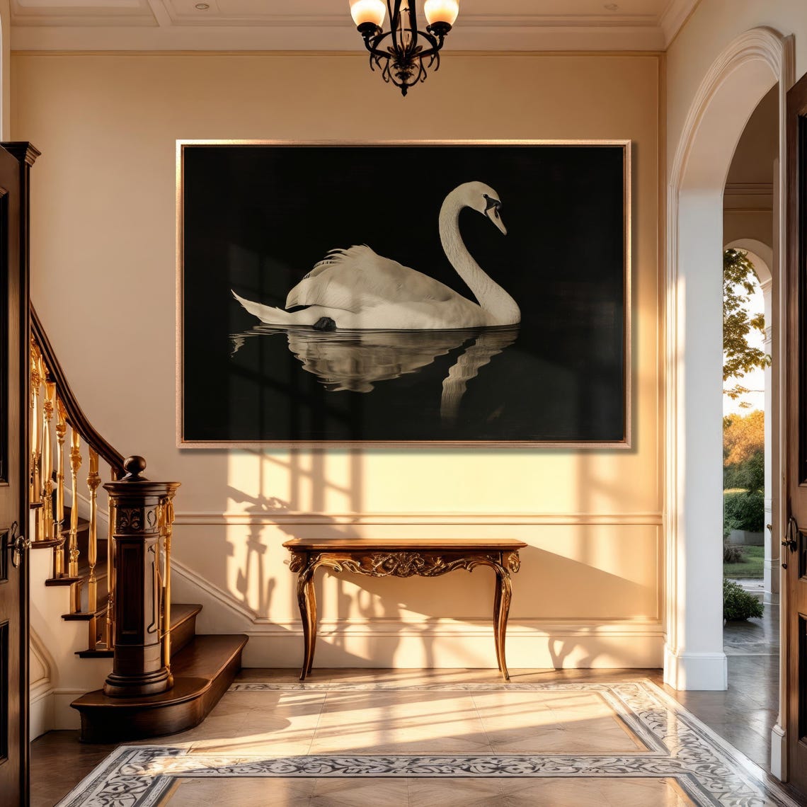 Elegant White Swan Gliding On Dark Water With Reflection Night Poster - Image 3