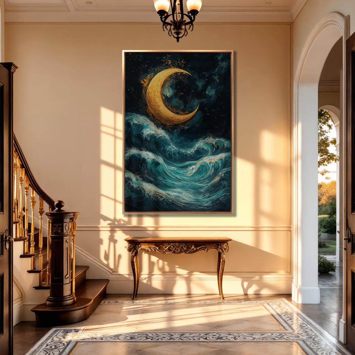 Golden Crescent Moon Over Teal Ocean Waves at Night Sky Poster - Image 5