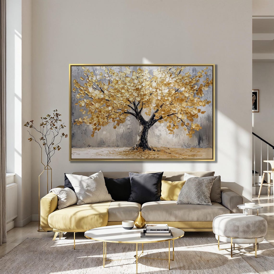 Golden Leaf Tree Textured Impasto Painting On Gray Background Poster - Image 3