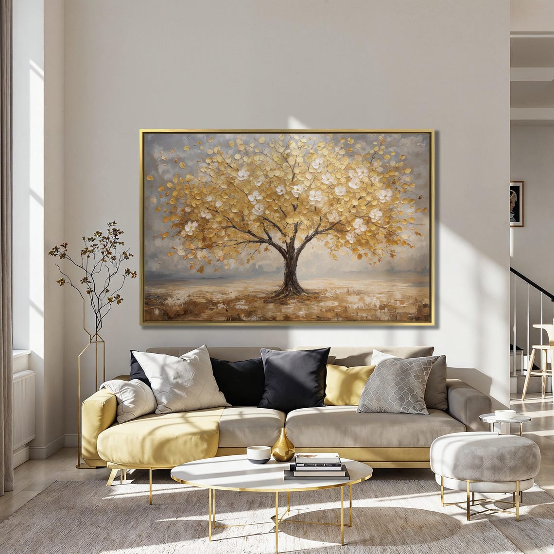 Golden Leaf Tree With White Blossoms Abstract Nature Painting Poster - Image 3