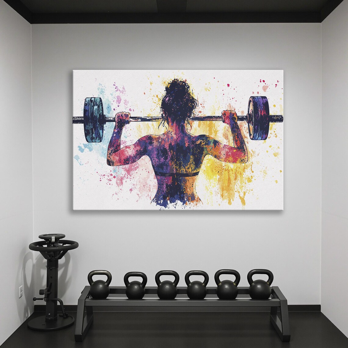 Woman Lifting Barbell Overhead Colorful Watercolor Fitness Art Poster - Image 2