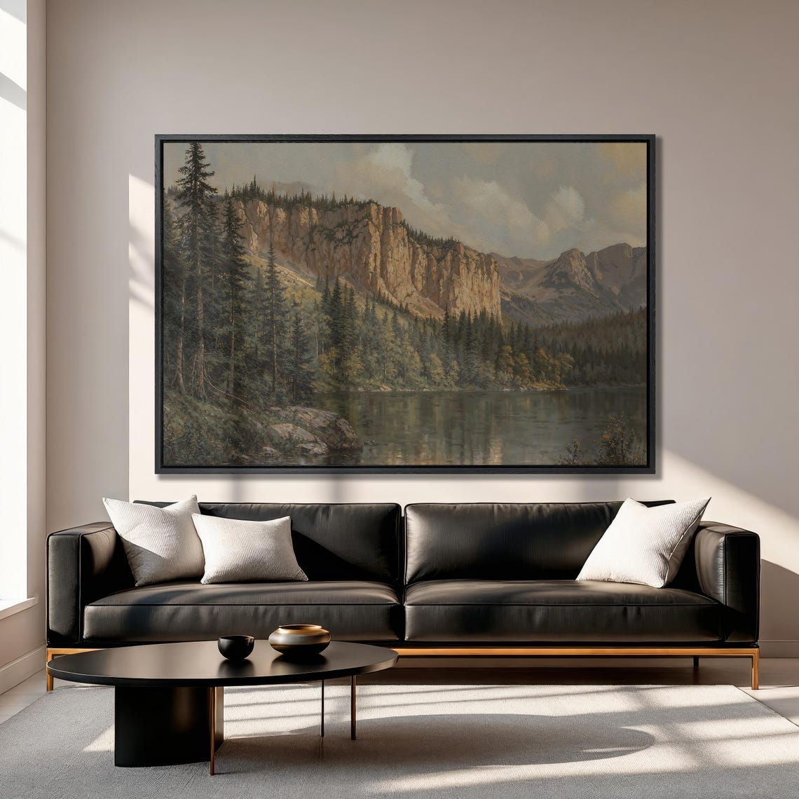 Mountain Lake Beneath Towering Cliffs And Pine Forest Landscape Poster - Image 3