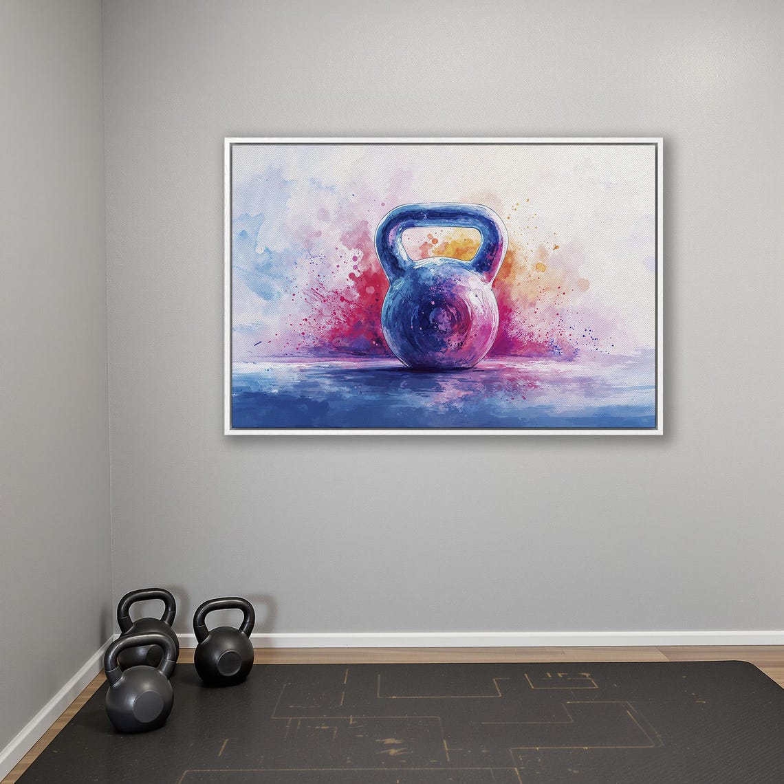 Blue And Purple Watercolor Kettlebell On Reflective Surface Poster - Image 4