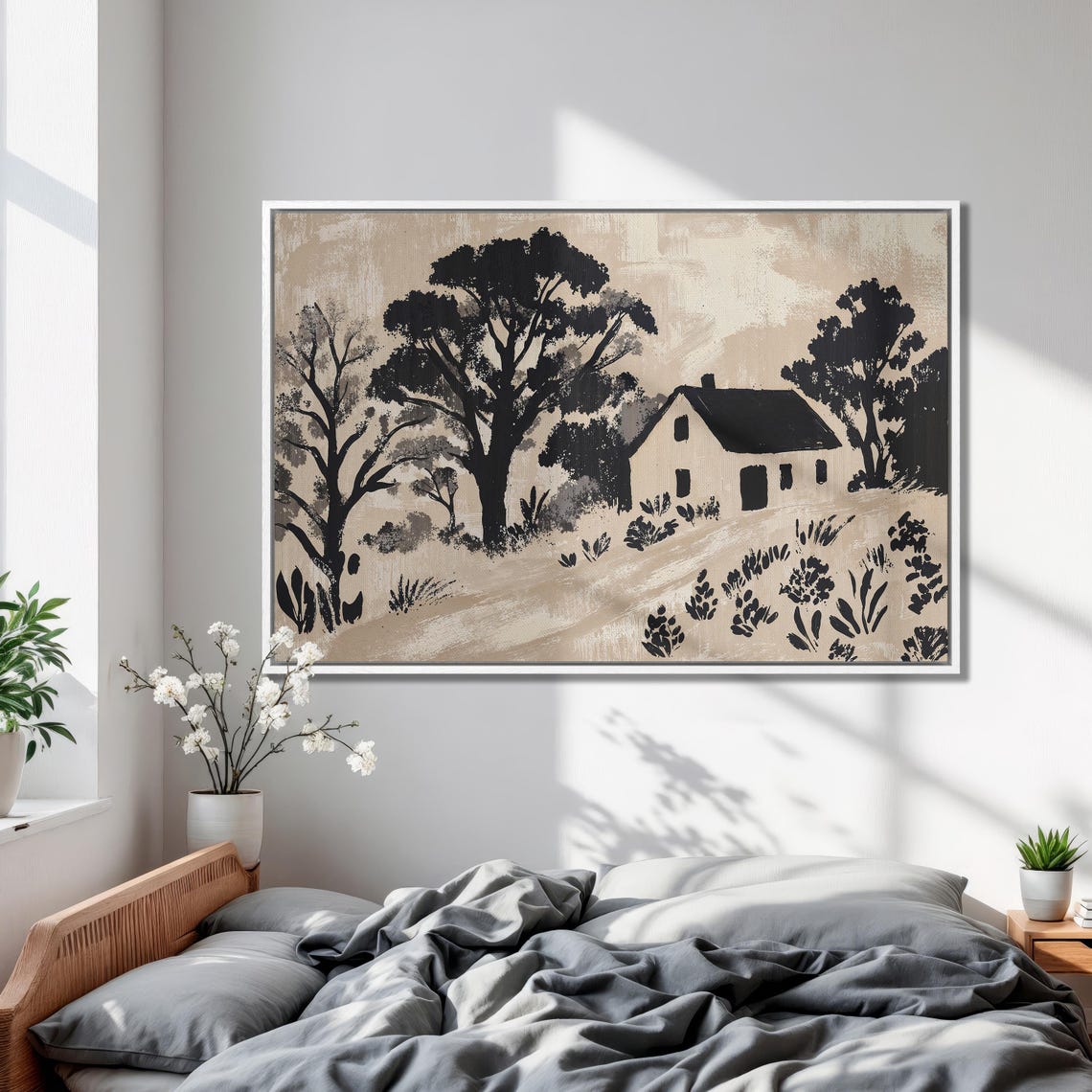 Cozy Cottage Black And Beige Art Framed Print Abstract Rural Landscape Painting Trees Wall Art Farmhouse Decor Ready To Hang - Image 2
