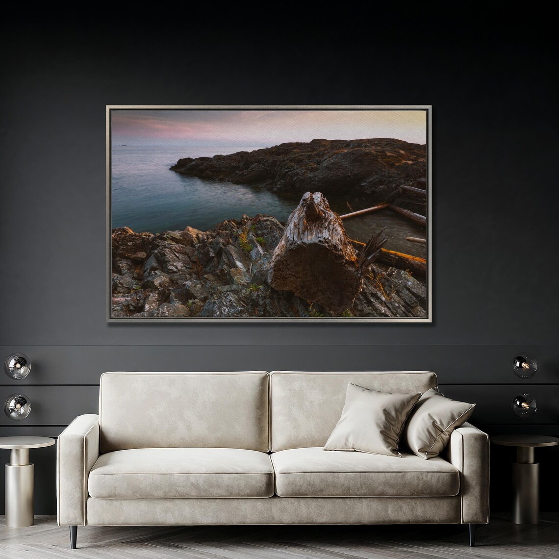 Rocky Coastline At Dusk With Weathered Driftwood Canadian Shore Poster - Image 4