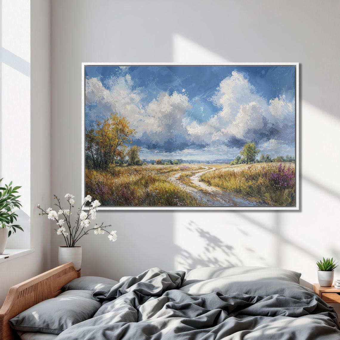 Extra Large Country Landscape Framed Print Cloudy Blue Sky Peaceful Wilderness Painting Wheat Field Art For Nature Lovers - Image 2