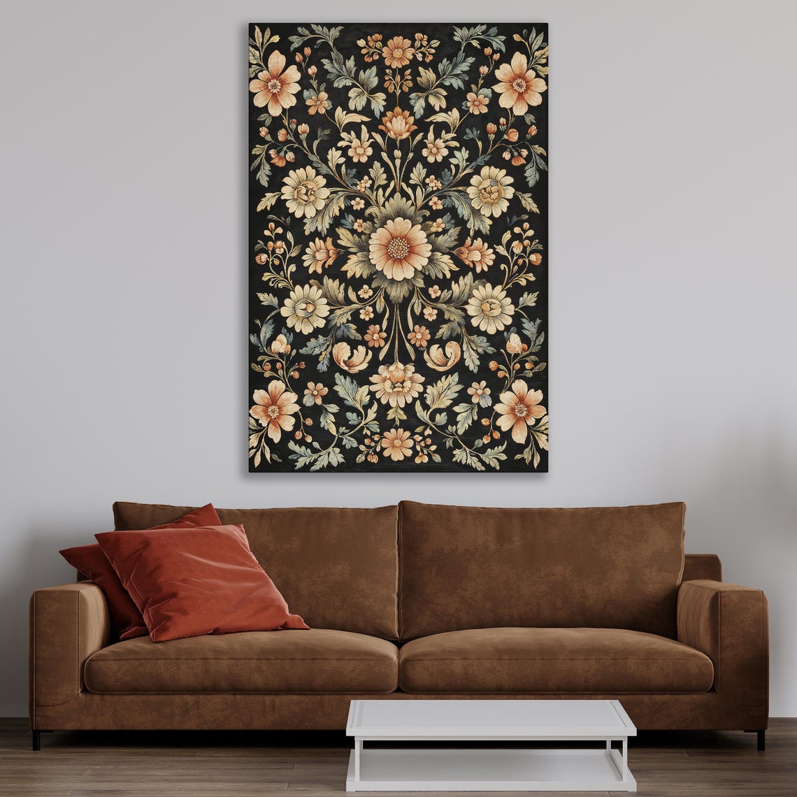 Elegant Vintage Floral Damask Pattern in Cream on Black Print - Image 4