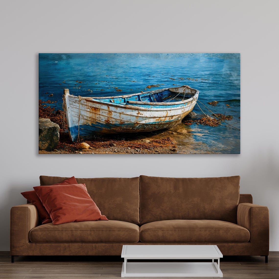 Rustic Weathered Boat Coastal Poster Serene Seashore Wall Decor