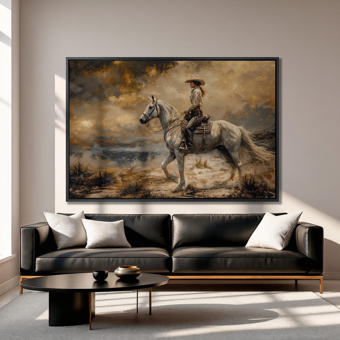 Cowgirl Riding White Horse Through Desert Under Dramatic Sky Poster - Image 4