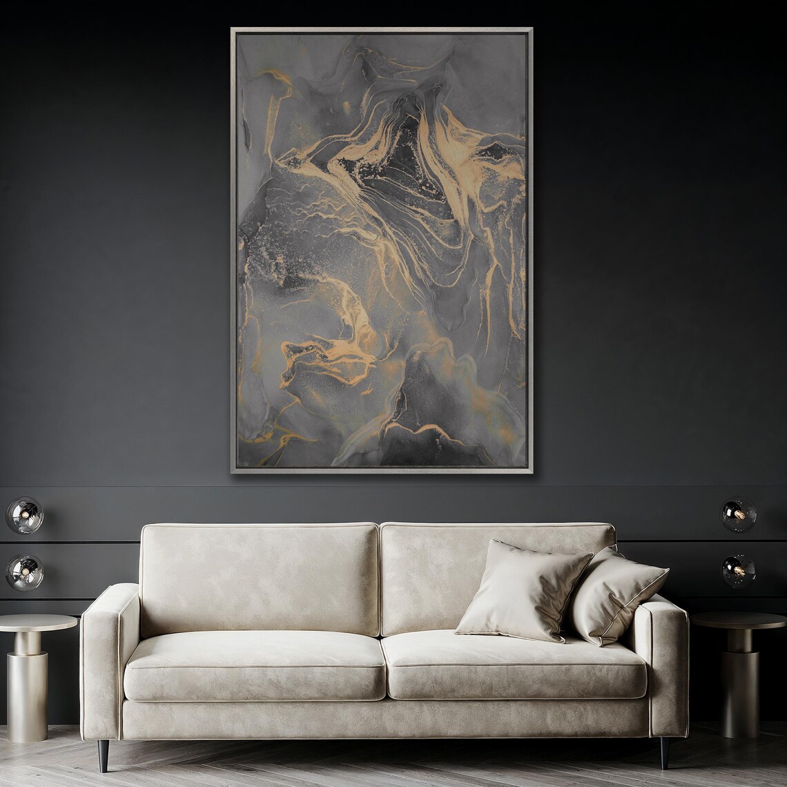 Abstract Fluid Art Print, Gray Marble With Golden Veins - Image 5