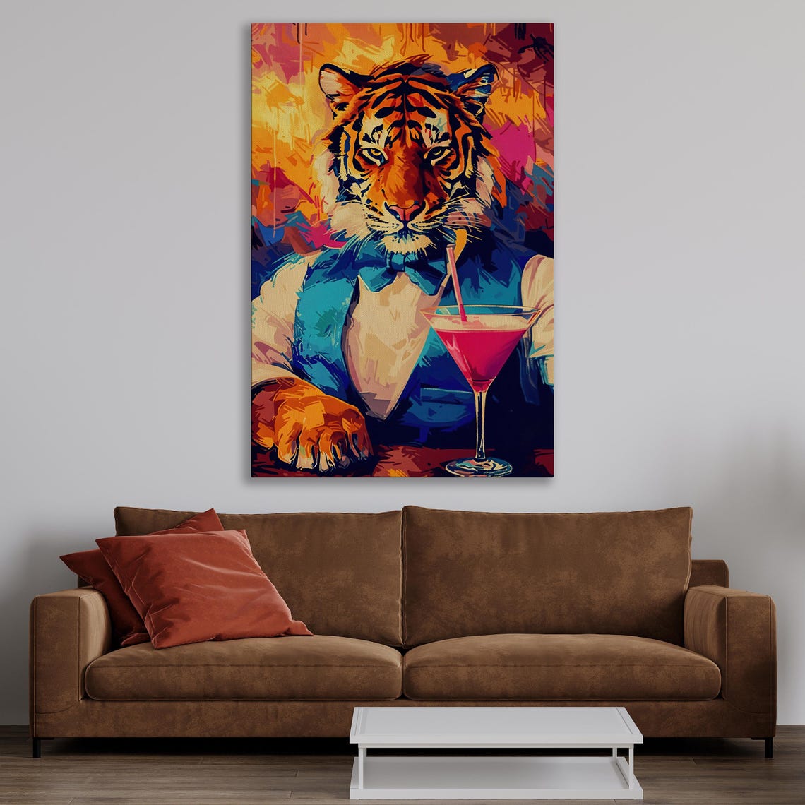 Colorful Pop Art Tiger in a Suit With a Pink Cocktail Drink Poster - Image 3