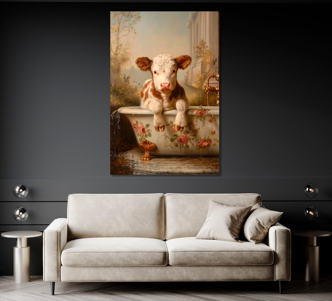 Whimsical Calf In A Floral Bathtub Vintage Style Art Print - Image 5