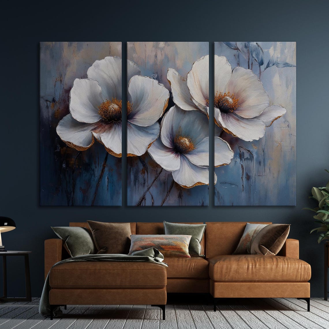 Elegant White Flowers Painting On Deep Blue Abstract Background Poster - Image 5
