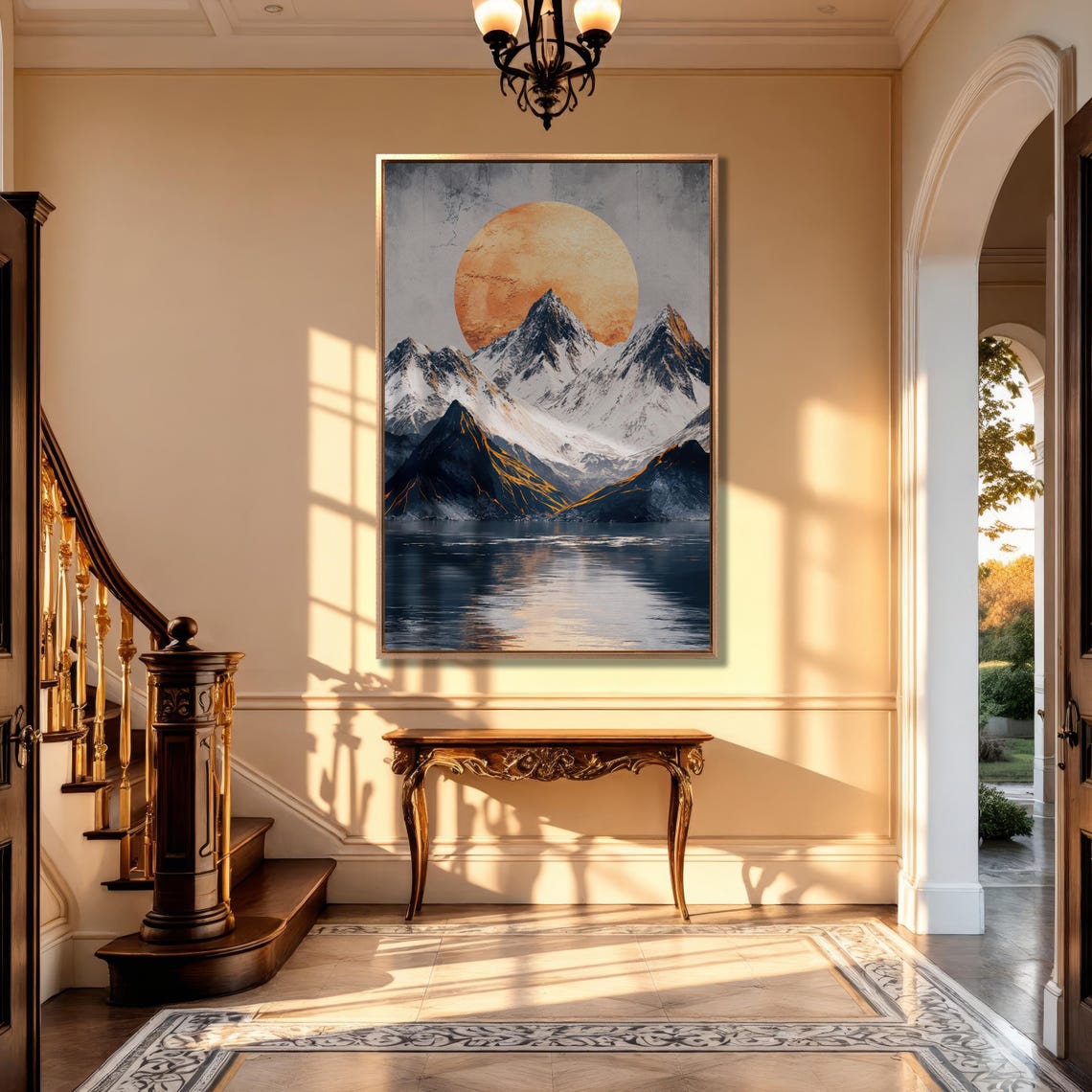 Snow Capped Mountains Peaks And Sun Wall Art Surreal Landscape Painting Print Nature Wall Decor Mountain Lake Poster Ready To Hang - Image 5