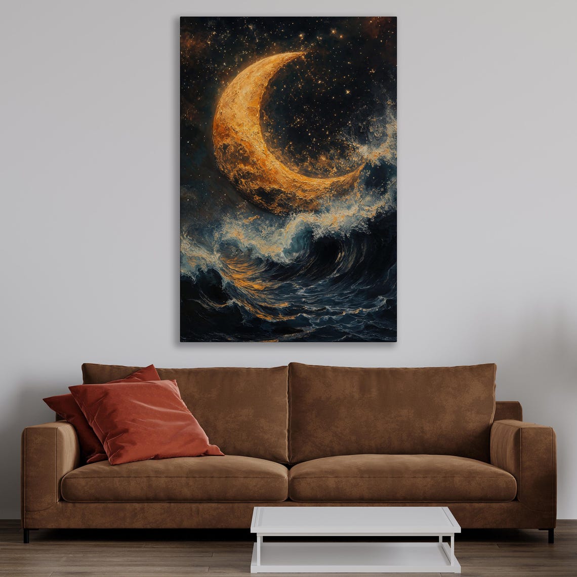 Golden Crescent Moon Over Dark Night Ocean Waves Seascape Poster - Image 4