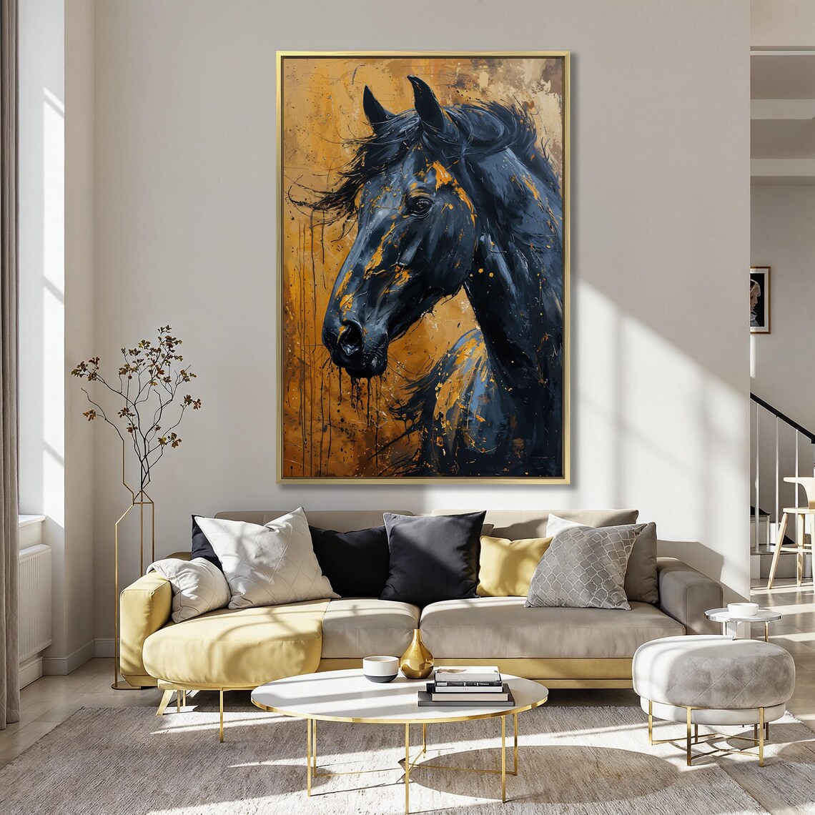 Black Horse Head On Golden Splatter Background Expressive Art Poster - Image 4