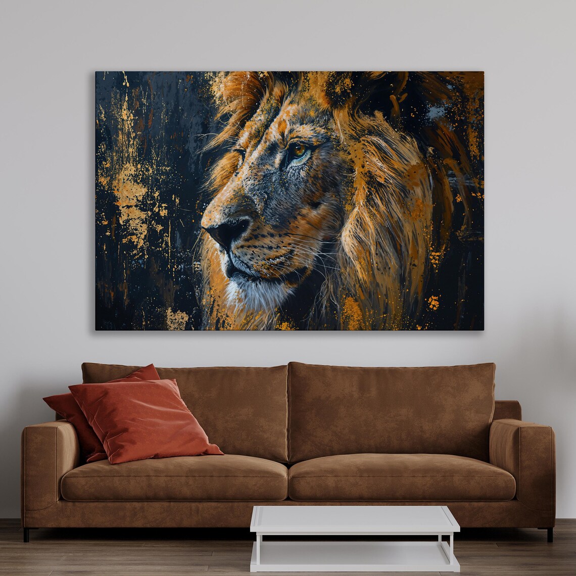 Lion Profile in Golden Black Oil Painting Wildlife Portrait Poster - Image 2