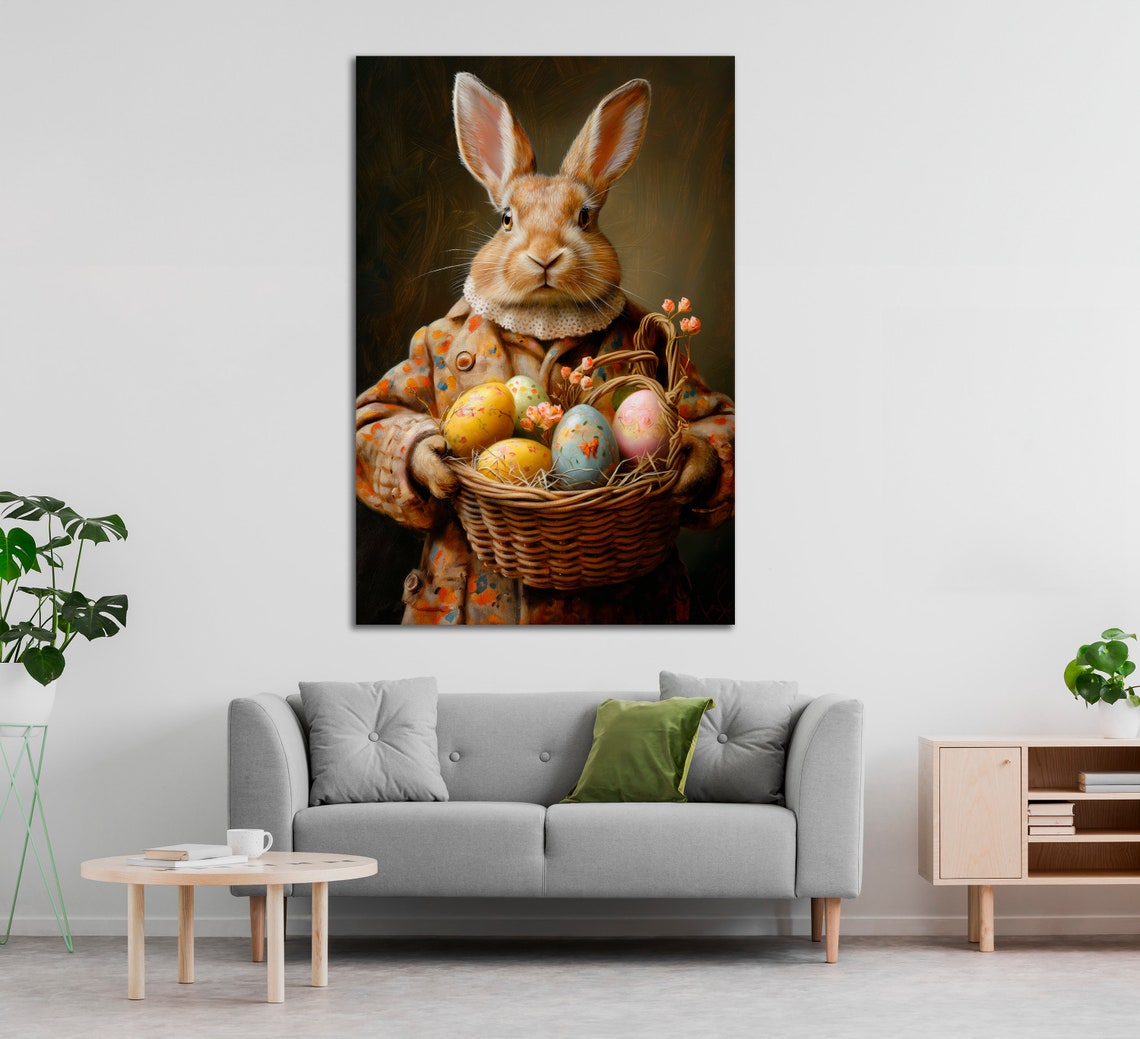 Victorian Bunny In Floral Coat Holding Basket Of Easter Eggs Poster - Image 4