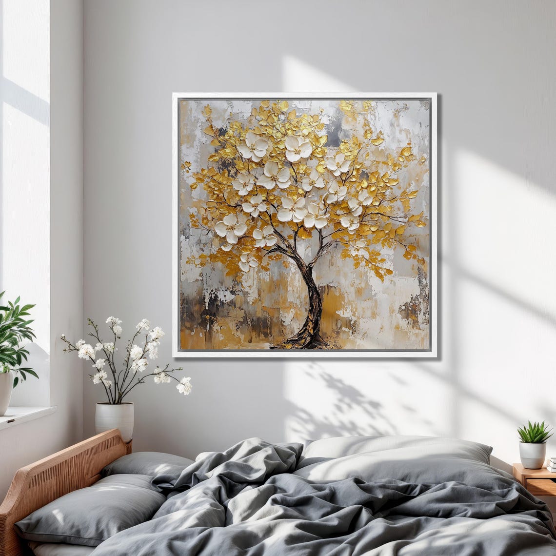 White Blossom Tree With Gold Impasto Leaves Abstract Art Poster - Image 3