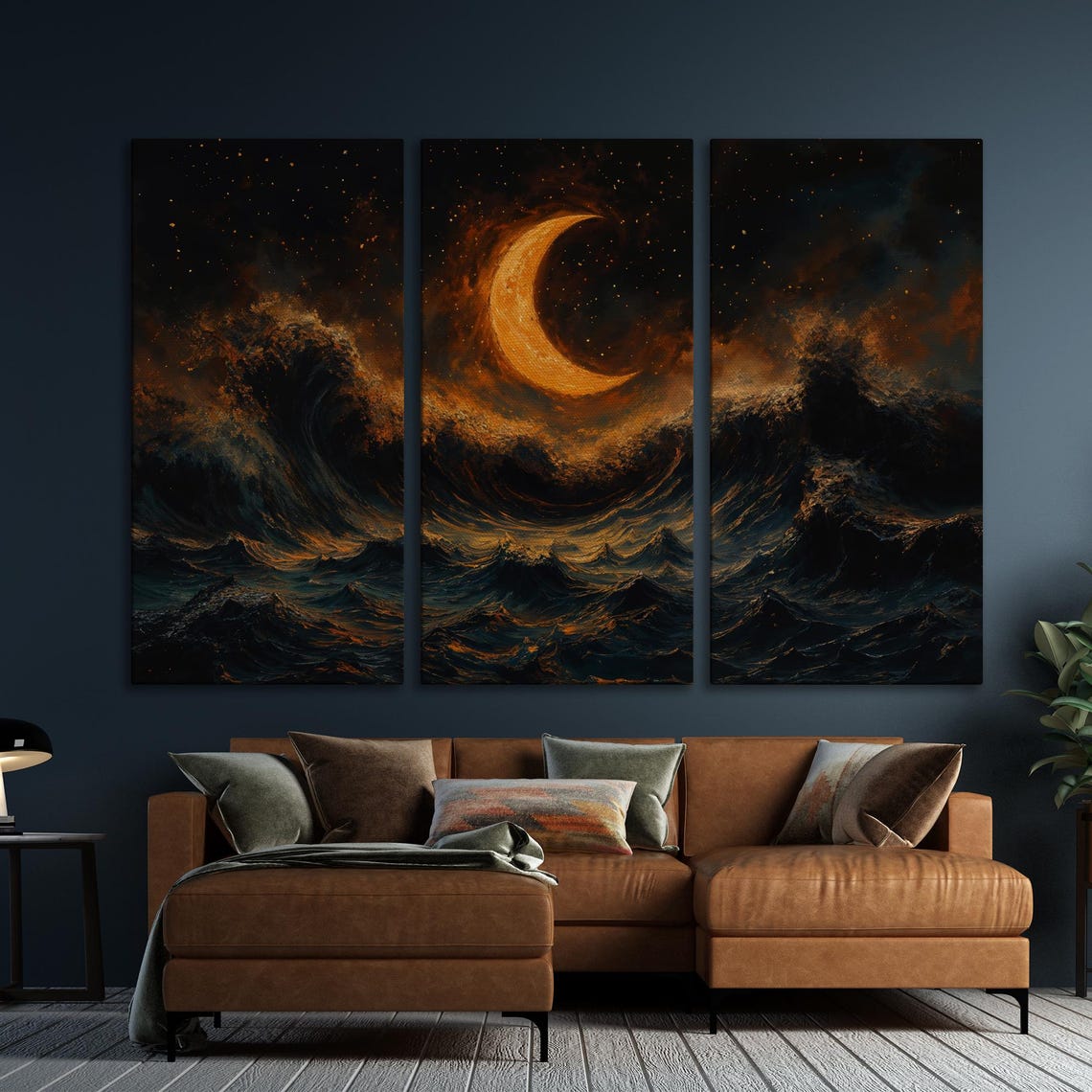 Golden Crescent Moon Over A Stormy Night Sea Abstract Poster - Image 5