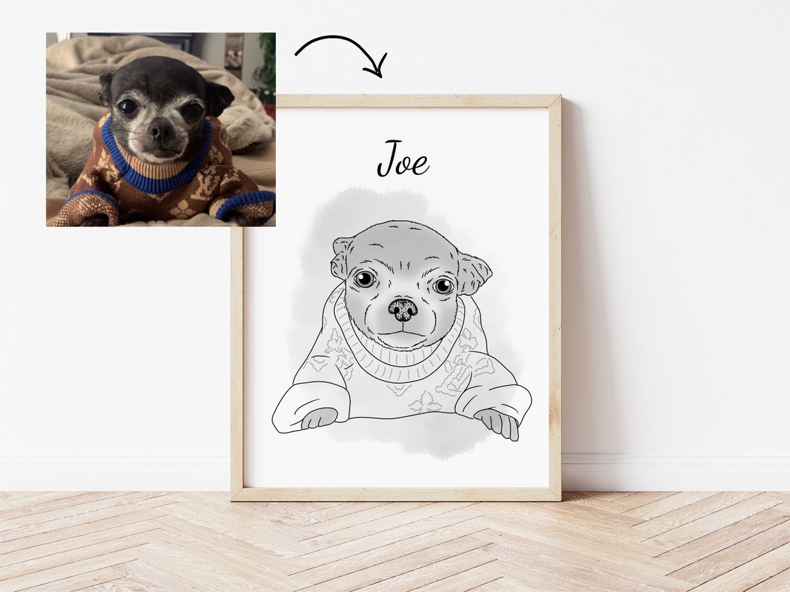 Joe Chihuahua in Sweater Custom Line Drawing Pet Portrait Poster