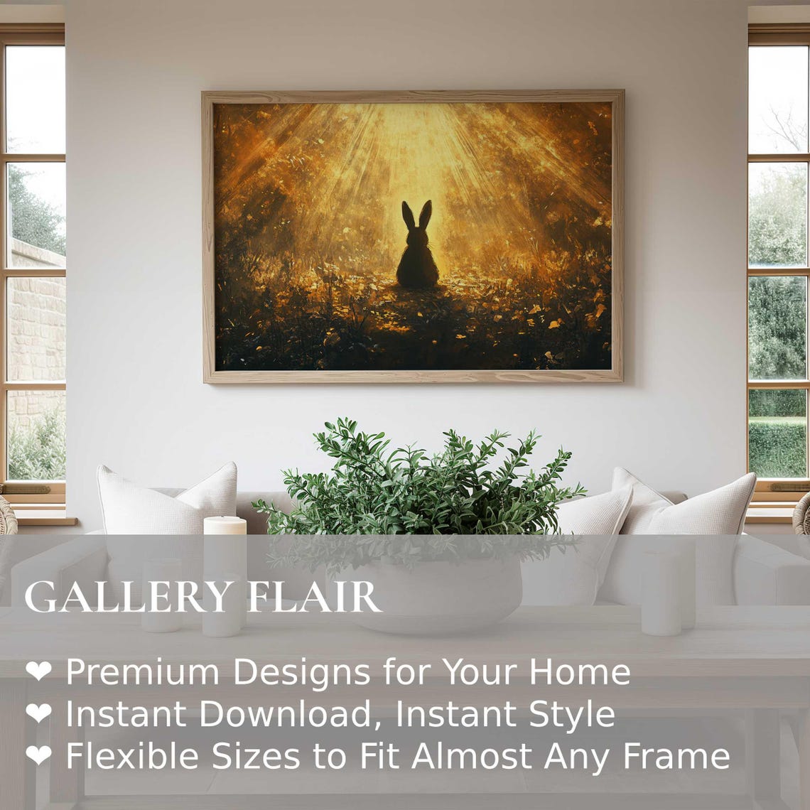 Bunny Silhouette Golden Sunlit Forest Ethereal Easter Wall Art - Image 2