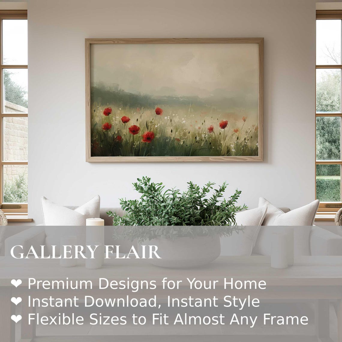 Red Poppies Misty Green Meadow Impressionist Landscape Wall Art - Image 2