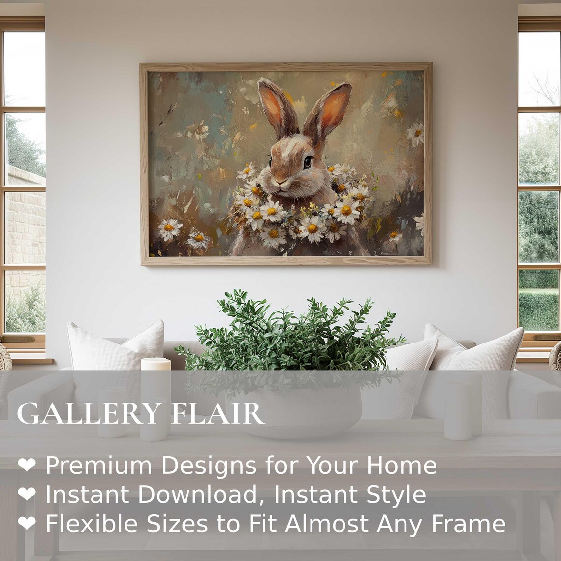 Bunny Wearing Daisy Flower Wreath White Blossom Spring Portrait Art Poster - Image 2