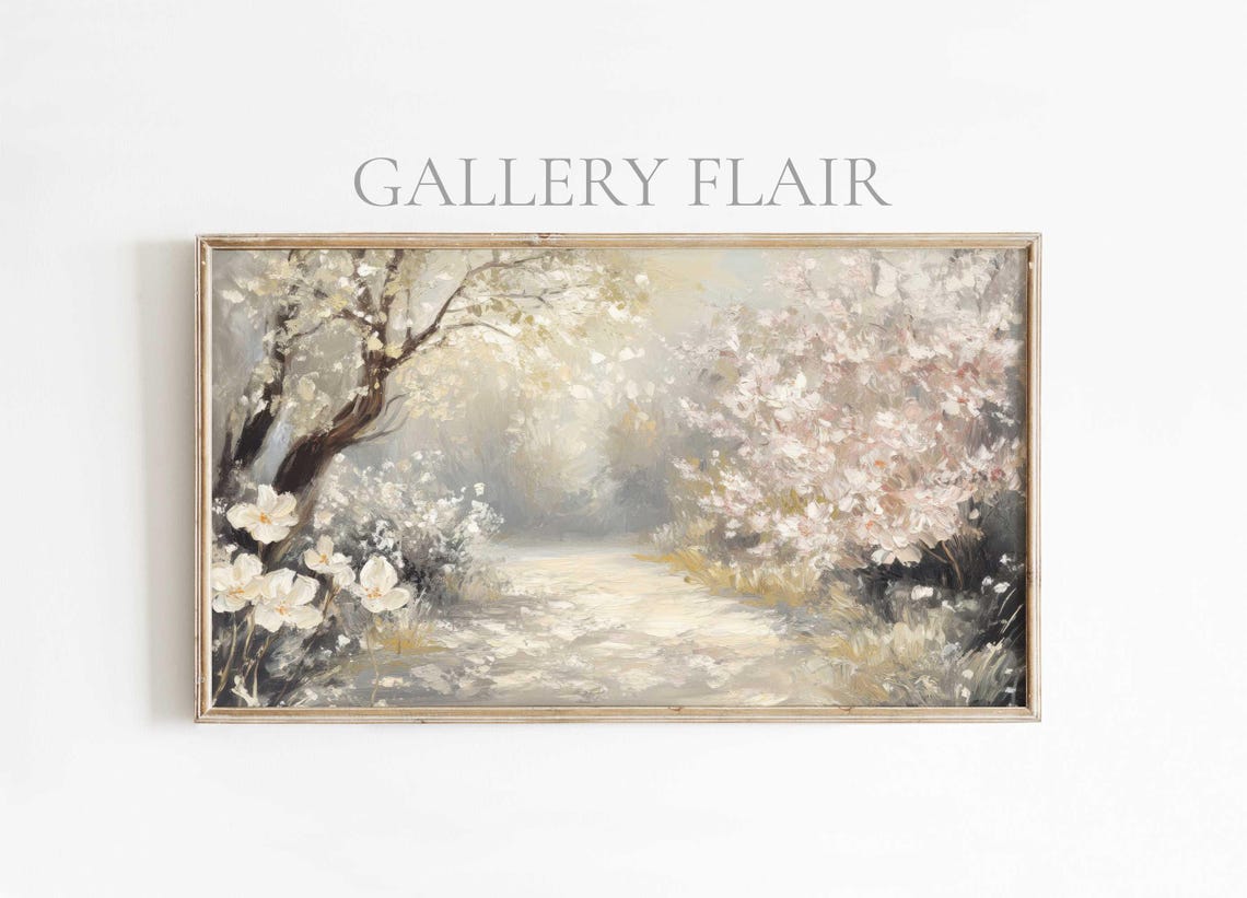 White Blossom Path Vintage Spring Landscape Impressionist Poster