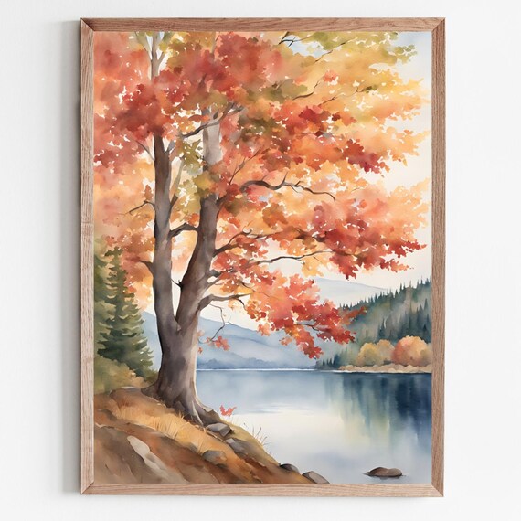 Autumn Maple Tree Lakeside Mountain Watercolor Fall Landscape Poster