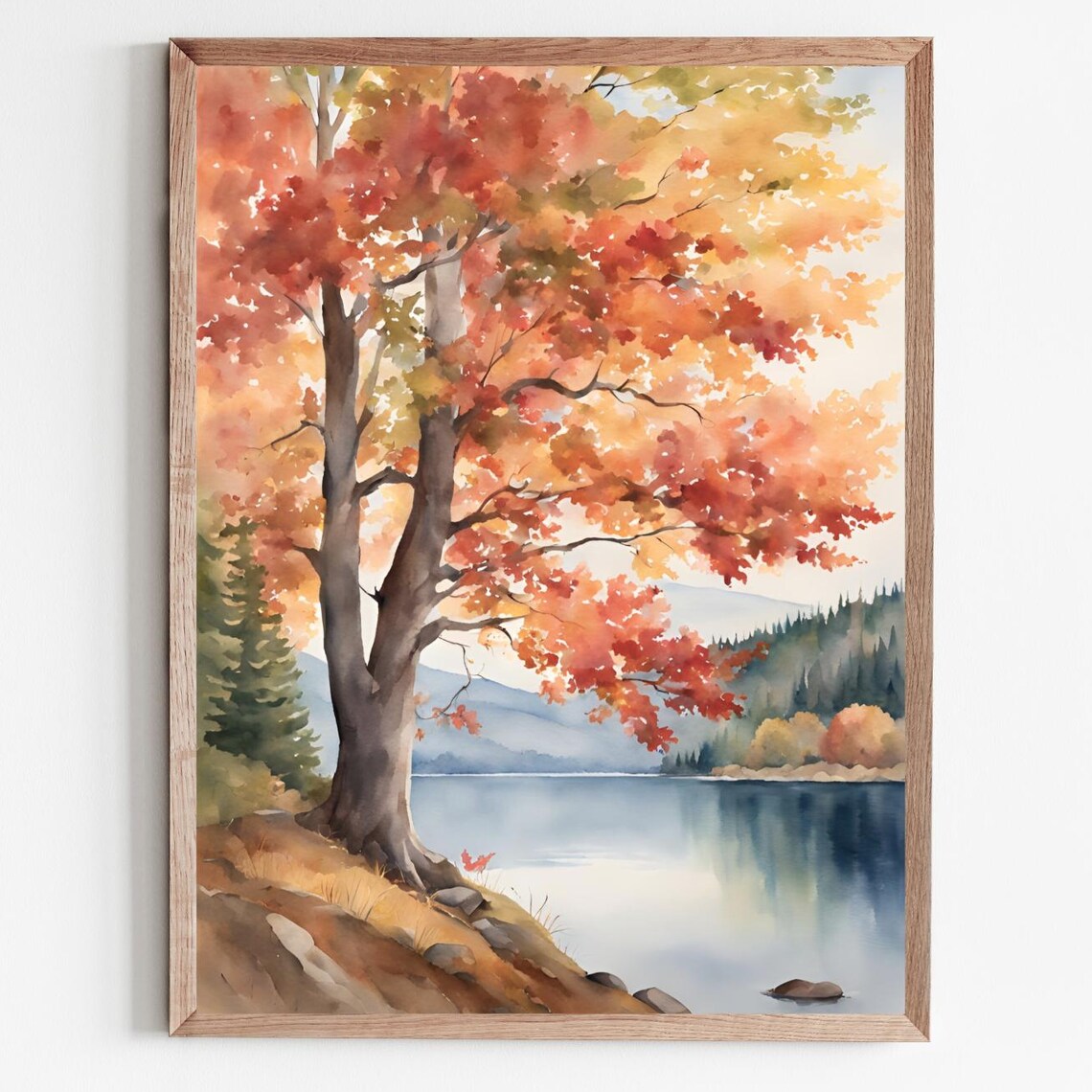 Autumn Maple Tree Lakeside Mountain Watercolor Fall Landscape Poster