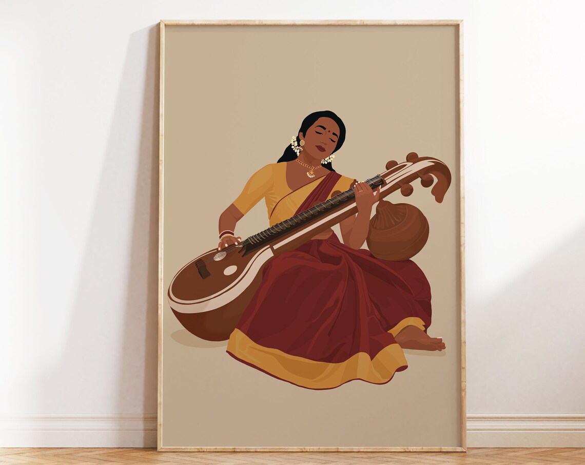 Veena Art, Indian Woman Saraswati Musician Gift