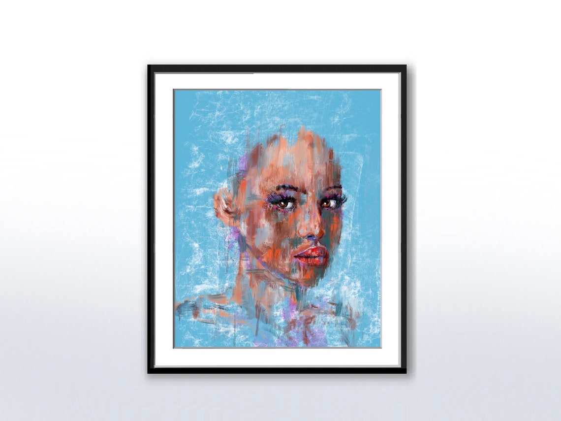 Abstract Blue Painted Portrait of a Woman's Face Modern Art Poster